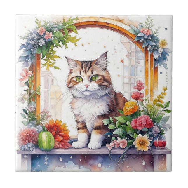Cute Whimsical Cat in Window of Flowers   Ceramic Tile (Front)