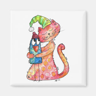 Cute Whimsical Cat Loves Bird Magnet