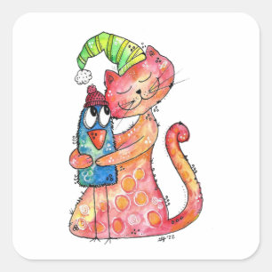 Cute Whimsical Cat Loves Bird Square Sticker