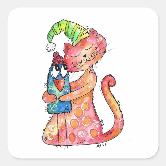 Cute Whimsical Cat Loves Bird  Square Sticker (Front)