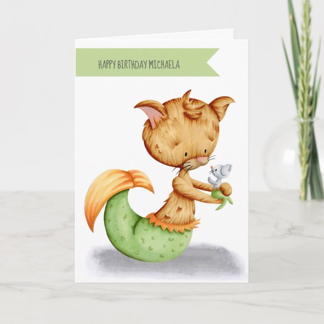 Cute Whimsical Cat Mouse Mermaid Birthday  Card (Front)