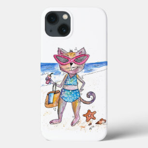 Cute Whimsical Cat on the Beach iPhone 13 Case