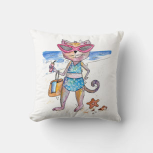 Cute Whimsical Cat on the Beach Cushion