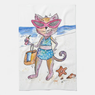 Cute Whimsical Cat on the Beach Tea Towel