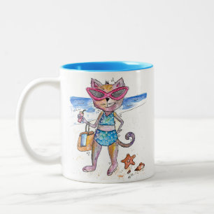 Cute Whimsical Cat on the Beach Two-Tone Coffee Mug