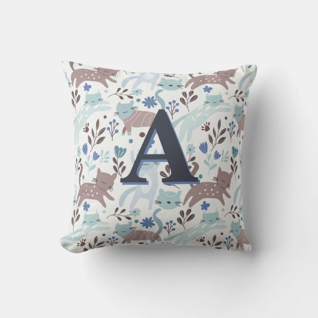 Cute Whimsical Cat Pattern, Blue and Grey Monogram Cushion (Front)