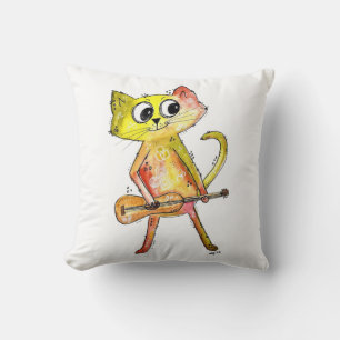 Cute Whimsical Cat Playing Guitar Cushion
