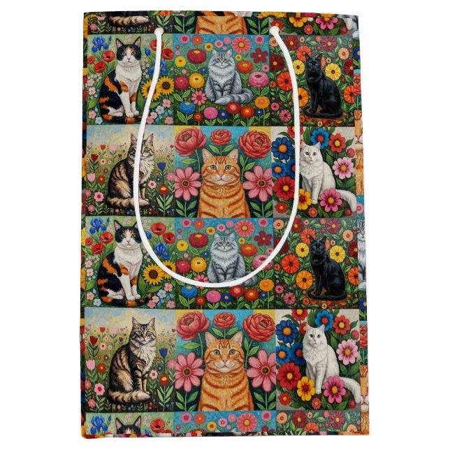 Cute Whimsical Cats and Folk Art Flowers Medium Gift Bag (Front)