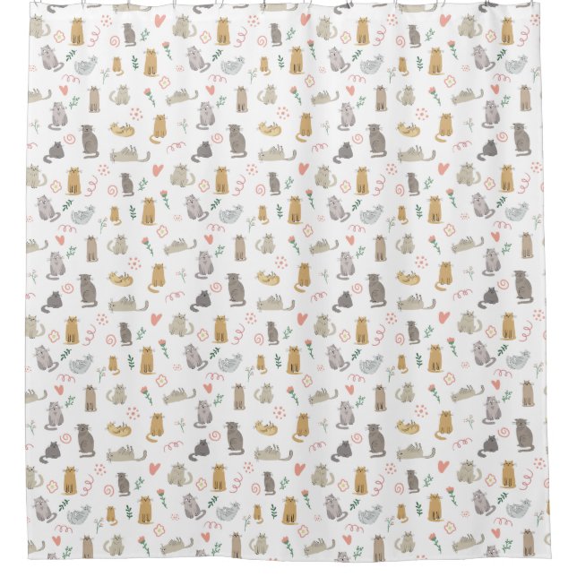 Cute Whimsical Cats Pattern Illustration Shower Curtain (Front)