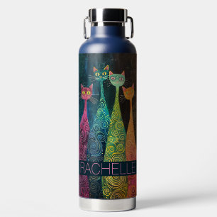 Cute Whimsical Cats with Name Water Bottle
