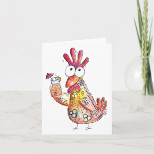 Cute Whimsical Chicken with Tropical Drink Card
