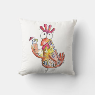Cute Whimsical Chicken with Tropical Drink Cushion