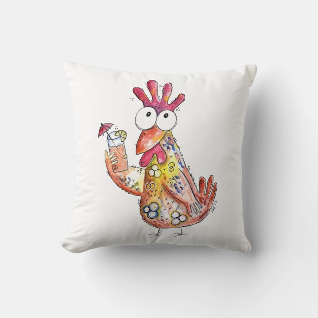 Cute Whimsical Chicken with Tropical Drink Cushion (Front)