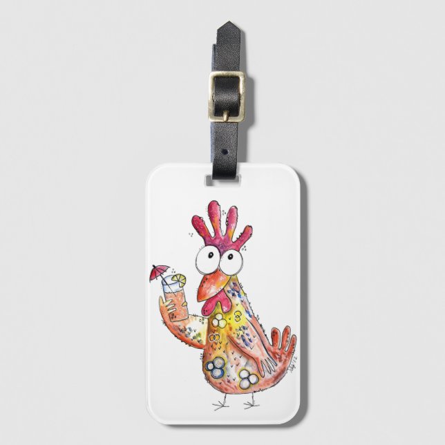 Cute Whimsical Chicken with Tropical Drink Luggage Tag (Front Vertical)