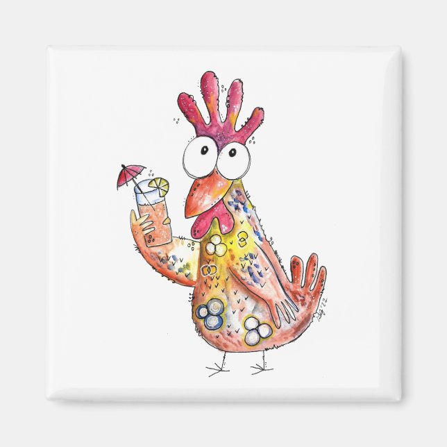 Cute Whimsical Chicken with Tropical Drink Magnet (Front)
