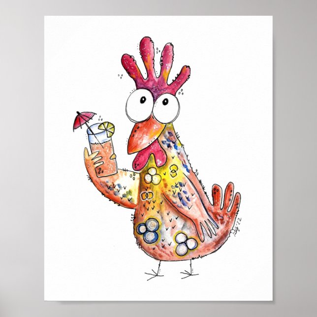 Cute Whimsical Chicken with Tropical Drink Poster (Front)