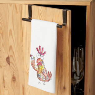 Cute Whimsical Chicken with Tropical Drink Tea Towel