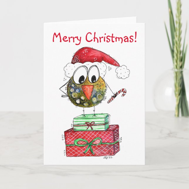 Cute Whimsical Christmas Bird Card (Front)