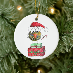 Cute Whimsical Christmas Bird Ceramic Ornament