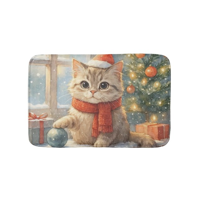 Cute Whimsical Christmas cat Bath Mat (Front)
