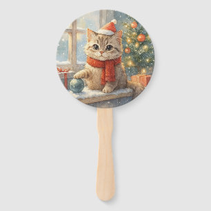 Cute Whimsical Christmas cat Hand Fan
