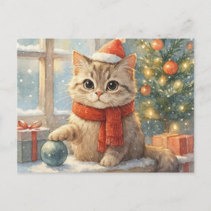 Cute Whimsical Christmas cat Holiday Postcard