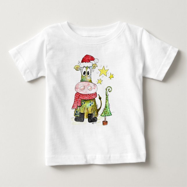Cute Whimsical Christmas Cow Baby T-Shirt (Front)