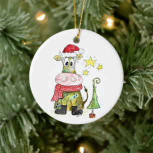 Cute Whimsical Christmas Cow Ceramic Ornament