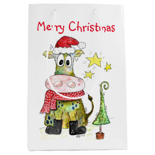 Cute Whimsical Christmas Cow Medium Gift Bag