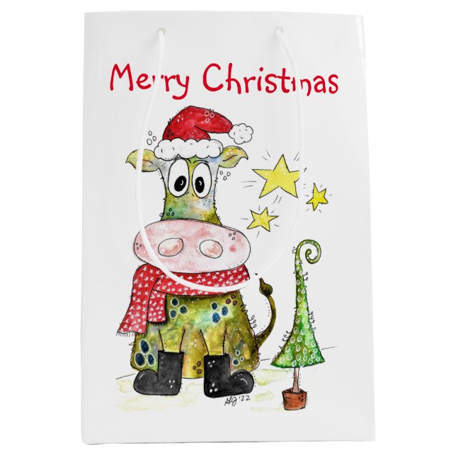Cute Whimsical Christmas Cow Medium Gift Bag (Front)