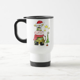 Cute Whimsical Christmas Cow Travel Mug
