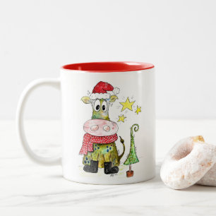 Cute Whimsical Christmas Cow Two-Tone Coffee Mug