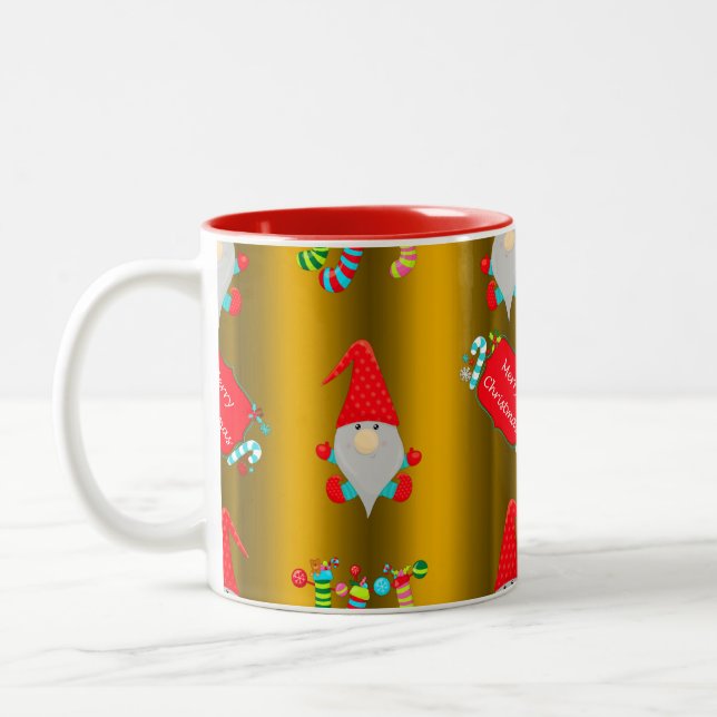 Cute Whimsical Christmas Elves Gold Two-Tone Coffee Mug (Left)