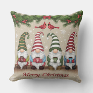 Cute whimsical Christmas Gnomes and Cardinals Cushion