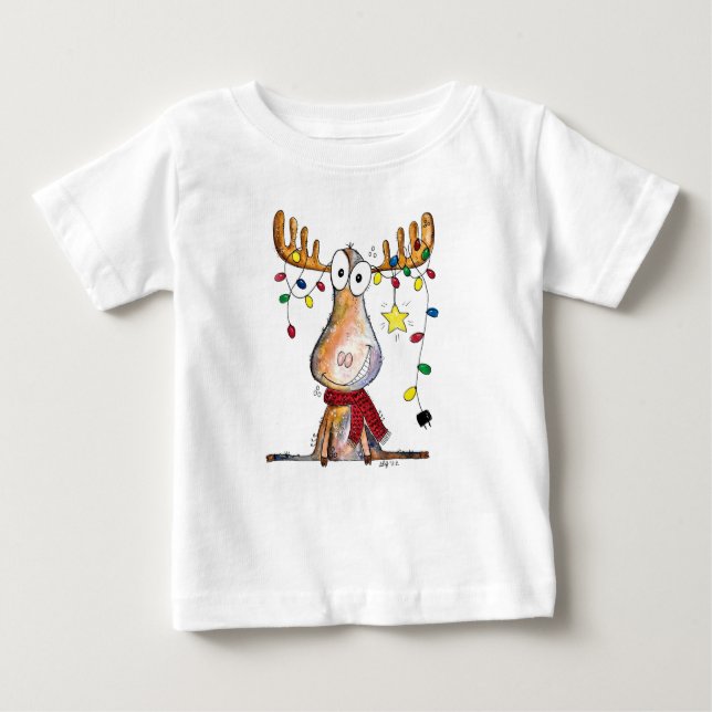 Cute Whimsical Christmas Moose Baby T-Shirt (Front)