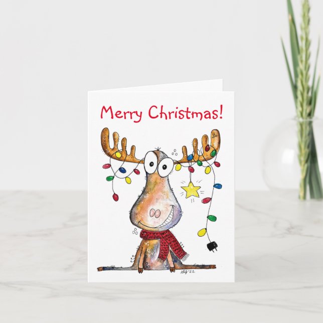 Cute Whimsical Christmas Moose Card (Front)