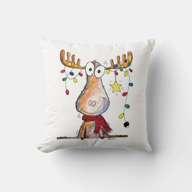 Cute Whimsical Christmas Moose Cushion (Front)