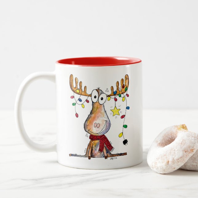 Cute Whimsical Christmas Moose Two-Tone Coffee Mug (With Donut)
