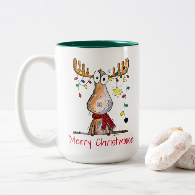 Cute Whimsical Christmas Moose Two-Tone Coffee Mug (With Donut)