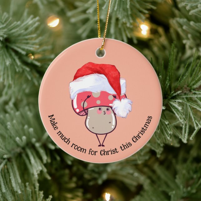 Cute Whimsical Christmas Santa Mushroom Ceramic Ornament (Tree)