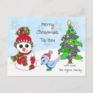 Cute Whimsical Christmas Snowman and Bird Postcard