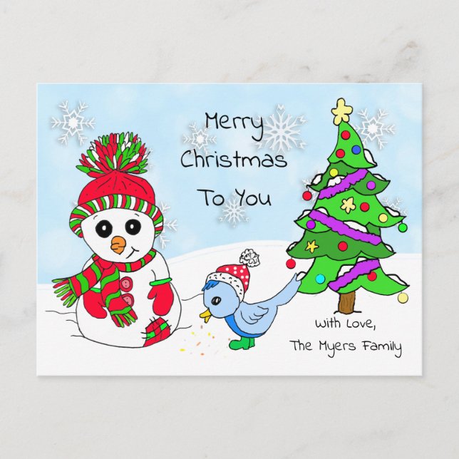 Cute Whimsical Christmas Snowman and Bird Postcard (Front)