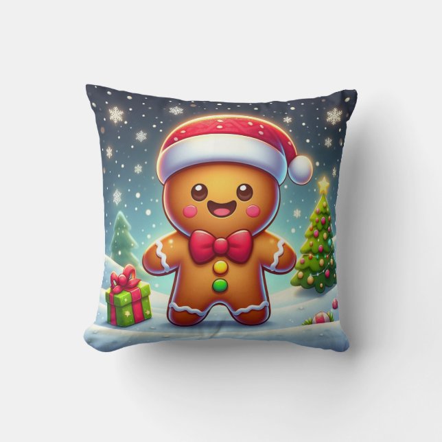 Cute Whimsical Christmas/winter gingerbread man Cushion (Front)