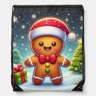 Cute Whimsical Christmas/winter gingerbread man Drawstring Bag