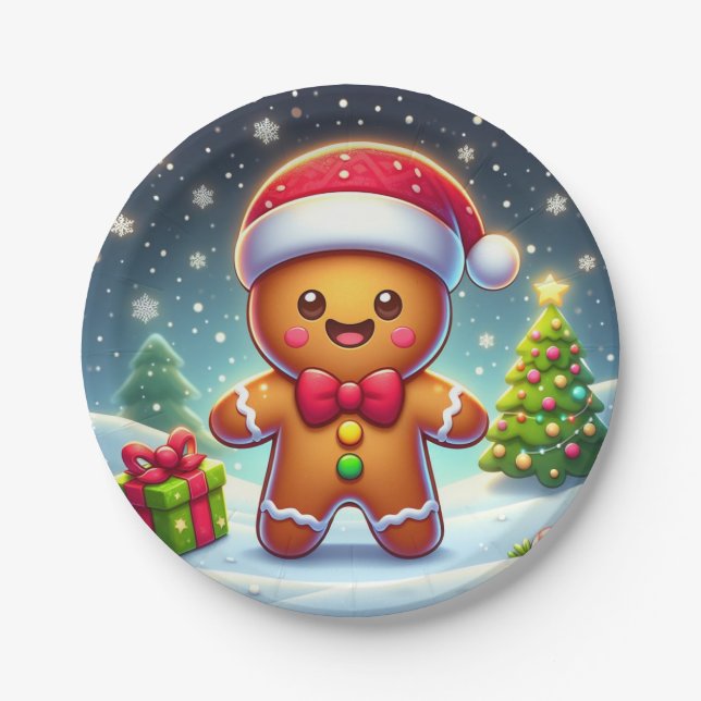 Cute Whimsical Christmas/winter gingerbread man Paper Plate (Front)