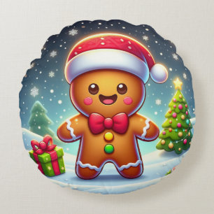Cute Whimsical Christmas/winter gingerbread man Round Cushion
