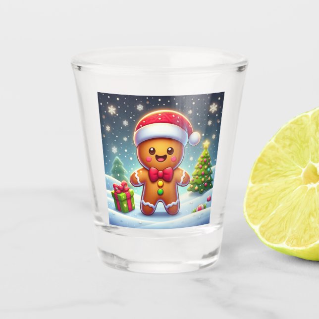 Cute Whimsical Christmas/winter gingerbread man Shot Glass (Front)