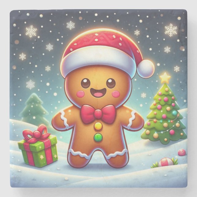 Cute Whimsical Christmas/winter gingerbread man Stone Coaster (Front)
