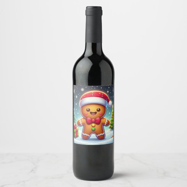 Cute Whimsical Christmas/winter gingerbread man Wine Label (Front)