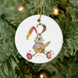 Cute Whimsical Colourful Bunny with Carrot Ceramic Ornament